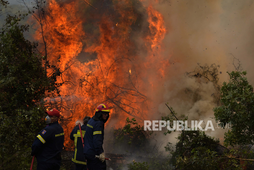 Pemadam kebakaran Yunani berjuang menghadapi empat kebakaran hutan besar di negara. Ilustrasi.