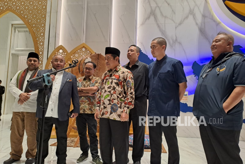 Konferensi pers tiga partai Koalisi Perubahan -Nasdem, PKB, PKS- membahas perkembangan pemilu 2024 di Nasdem Tower, Jakarta Pusat, Jumat (15/3/2024) malam.