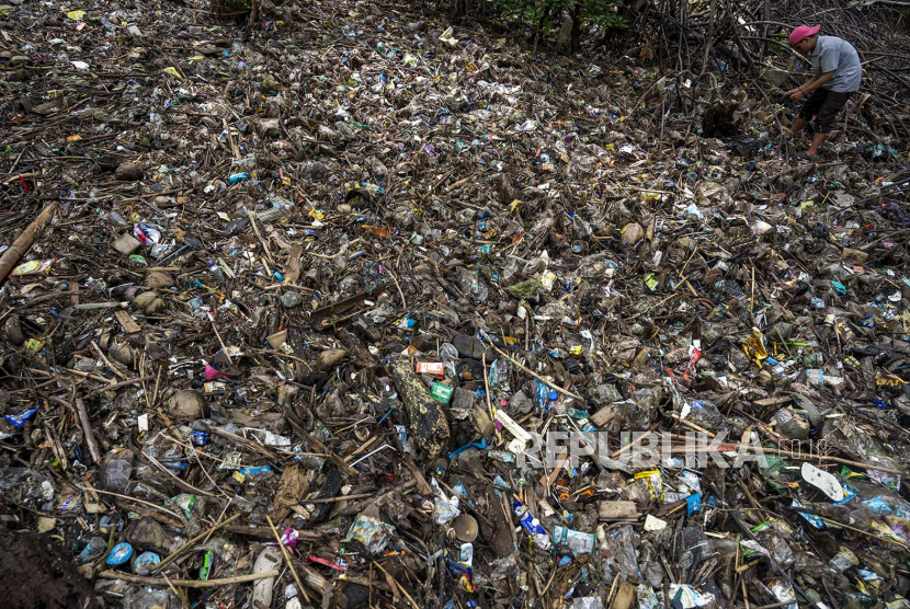 Seorang aktivis lingkungan mengidentifikasi merek sampah kemasan plastik yang menimbun kawasan konservasi mangrove di Kelurahan Kabonga Besar, Donggala,  Sulawesi Tengah, Ahad (16/10/2022). Identifikasi yang diinisiasi Seangle Indonesia Palu dan Mangrovers Teluk Palu itu untuk mengetahui spesifikasi sampah plastik khususnya kemasan menyusul telah tercemarnya teluk itu dengan sampah plastik baik jenis makro, meso, maupun mikroplastik. 