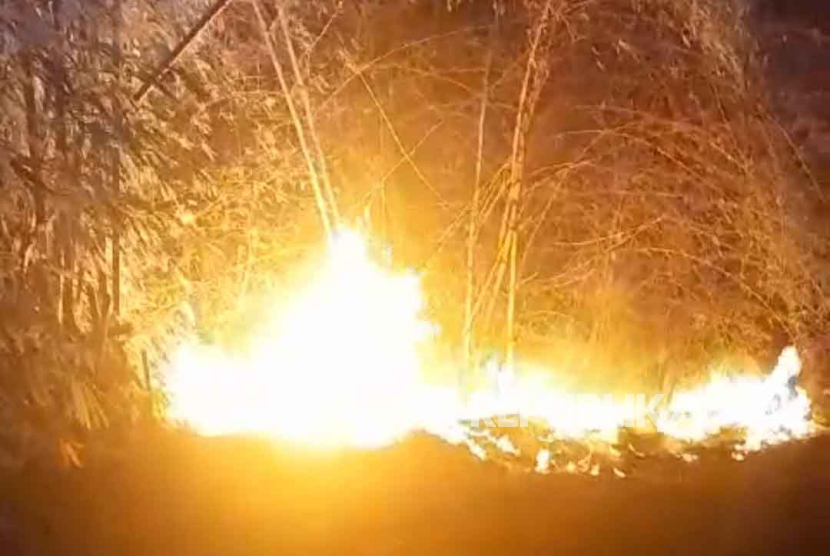 Api membakar kebun bambu di wilayah Desa Sangkanurip, Kecamatan Cigandamekar, Kabupaten Kuningan, Jawa Barat, Senin (18/9/2023). 