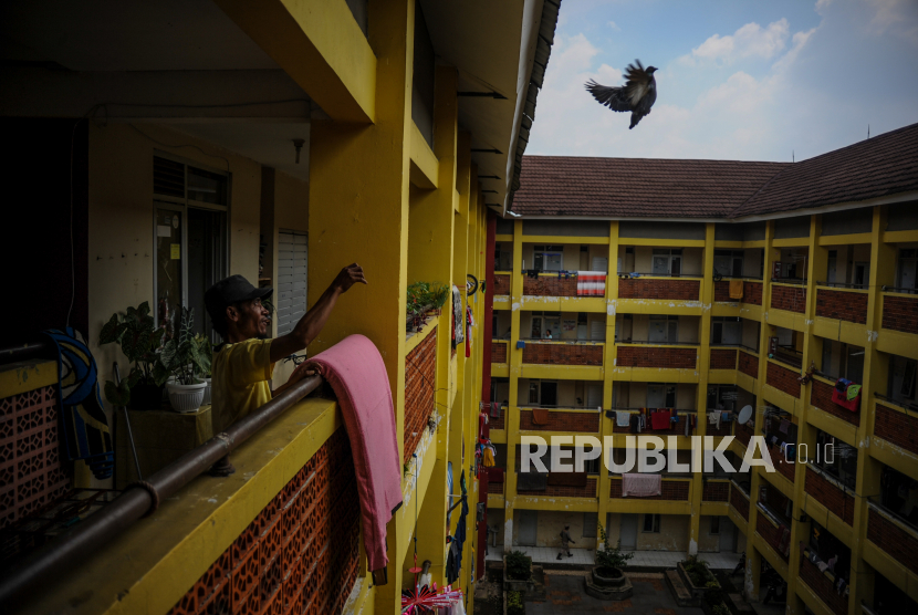 Seorang warga menerbangkan merpati miliknya di Rusunawa Cingised, Bandung, Jawa Barat. Kementerian PUPR dan Pemkot Bandung bekerja sama membangun Rusunami di Cisaranten.