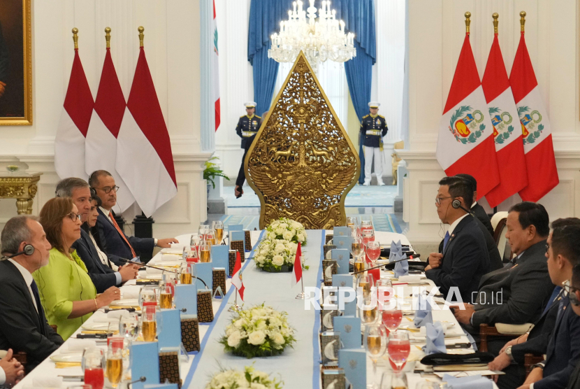 Presiden Prabowo Subianto (kanan) didampingi jajaran Menteri Kabinet Merah Putih melakukan pertemuan dengan Presiden Republik Peru Dina Ercilia Boluarte Zegarra (kedua kiri) di Istana Merdeka, Jakarta, Senin (11/8/2025). Kunjungan kenegaraan Presiden Republik Peru di Istana Kepresidenan Jakarta tersebut merupakan kunjungan balasan setelah Presiden Prabowo Subianto melawat ke Peru dalam rangka KTT APEC.