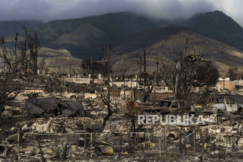 Pemandangan umum pasca kebakaran hutan di Lahaina, Hawaii, Senin, 21 Agustus 2023.