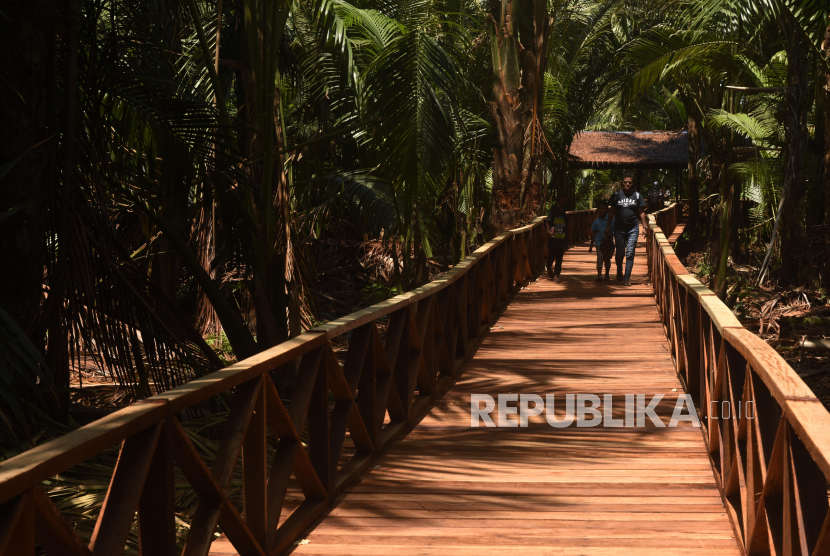 Wisatawan berjalan di Trekking Sagu di Perkampungan Yoboi, Distrik Sentani, Jayapura.