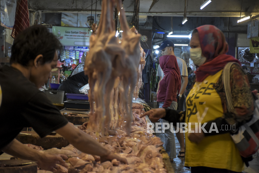 Pedagang daging ayam melayani pembeli di salah satu lapak di Pasar Kosambi, Kota Bandung, Jawa Barat, Kamis (6/7/2023). 