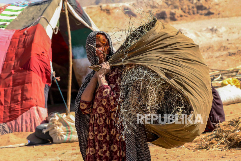  Seorang wanita Afghanistan membawa dahan pohon kering berdiri di luar kamp pengungsi sementara di distrik Maiwand dan Panjwayi, di Kandahar, Afghanistan, 10 November 2020. Menurut laporan UNHCR, ada hampir 2,5 juta pengungsi terdaftar dari Afghanistan. Mereka merupakan populasi pengungsi berkepanjangan terbesar di Asia, dan populasi pengungsi terbesar kedua di dunia. Mengingat situasi keamanan yang semakin memburuk di banyak bagian negara, kekerasan terus membuat orang meninggalkan rumah mereka.