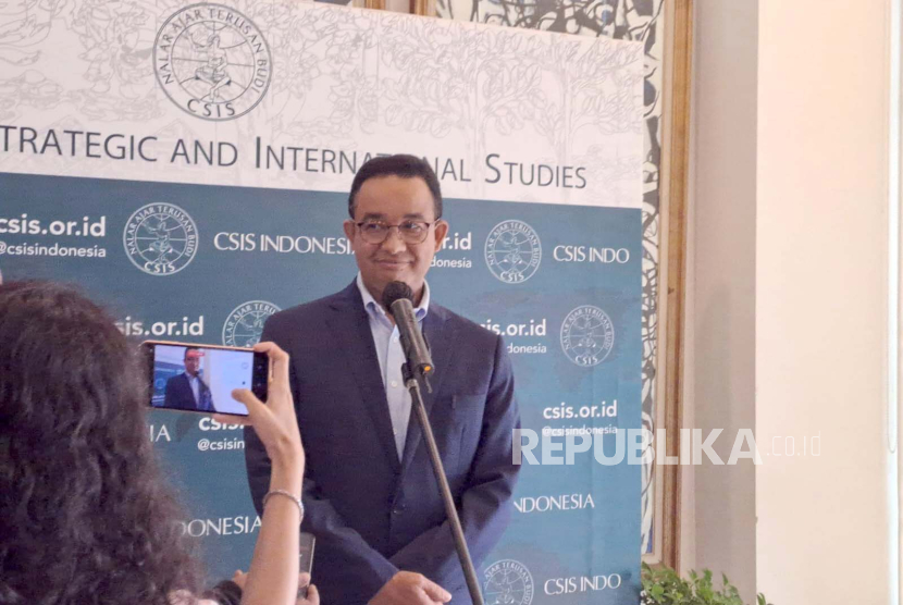Capres dari Koalisi Perubahan, Anies Baswedan saat menghadiri acara Centre For Strategic And International Studies (CSIS) di Jakarta Pusat, Rabu (8/11/2023).