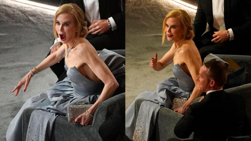 Nicole Kidman saat melihat Will Smith menampar Chris Rock.