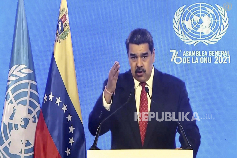  Dalam foto yang diambil dari video yang disediakan oleh UN Web TV, Presiden Venezuela Nicolas Maduro berbicara dari jarak jauh pada sesi ke-76 Majelis Umum Perserikatan Bangsa-Bangsa dalam pesan yang direkam sebelumnya, Rabu 22 September 2021, di markas besar PBB.