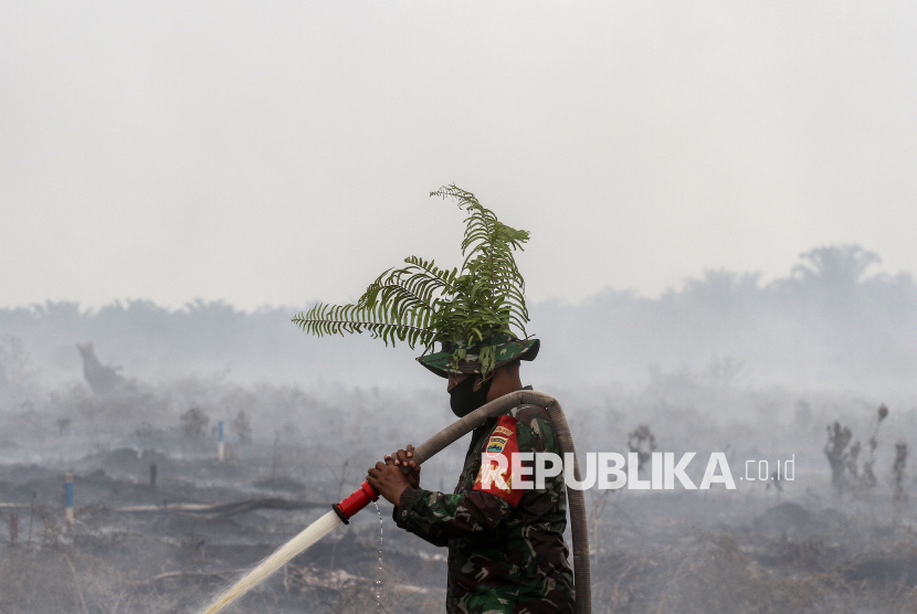 Petugas TNI dari Kodim 0313 Kampar menyemprot air untuk memadamkan kebakaran lahan gambut di Desa Rimbo Panjang, Kabupaten Kampar, Riau, Rabu (10/3/2021). 
