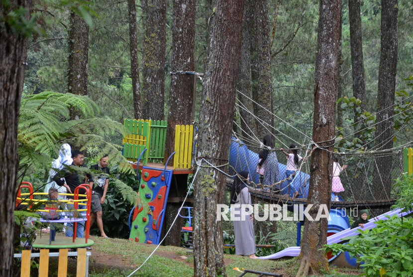 Kawasan hutan pinus ramai pengunjung di Cikole, Lembang, Kabupaten Bandung Barat, Rabu (25/12/2024). Per Oktober 2024, kunjungan wisatawan mancanegara mencapai 1,19 juta orang.