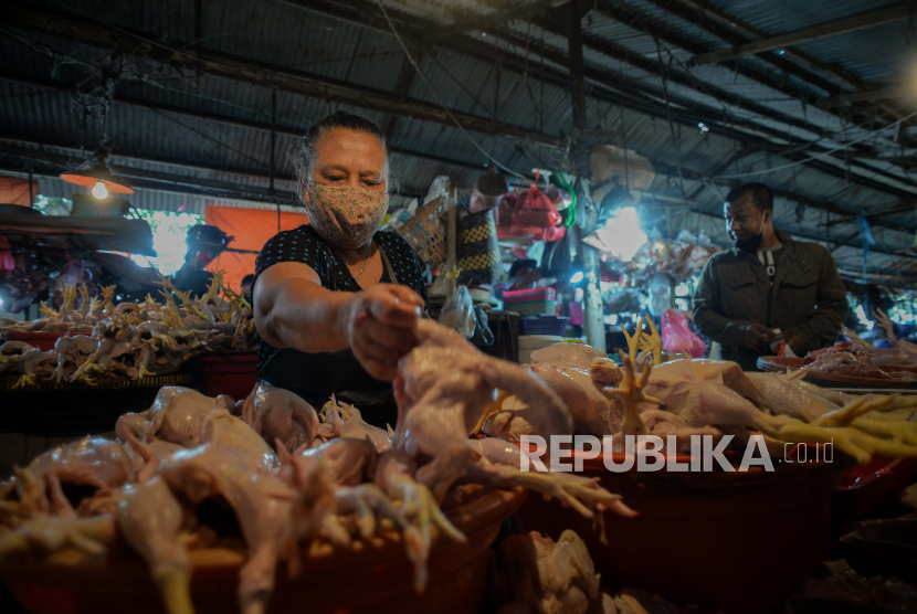 Pedagang daging ayam melayani pembeli (ilustrasi). Republika/Thoudy Badai