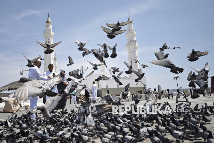 Umat Islam memberi makan burung merpati dengan latar belakang Masjid Quba di Madinah, Arab Saudi (ilustrasi)