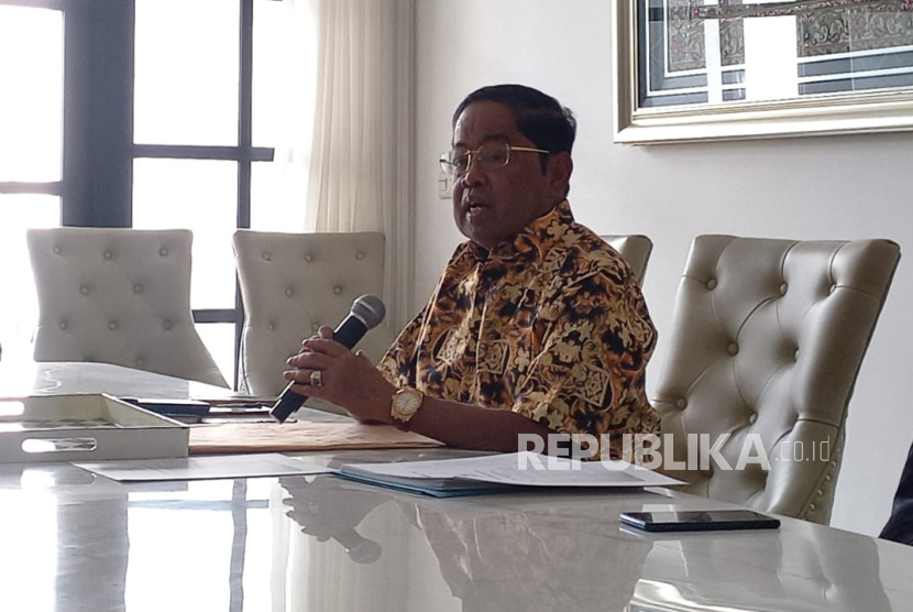 Ketua Dewan Pembina Bappilu Partai Golkar Idrus Marham saat konferensi pers di IM Center, Kecamatan Menteng, Jakarta Pusat, Selasa (13/8/2024). 