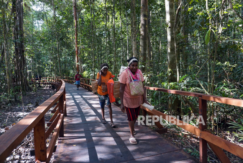 Dua perempuan berjalan di jembatan sepanjang 3.250 meter di kawasan Hutan Klaso menuju Kampung Klagufuk Malaumkarta, Kabupaten Sorong, Papua Barat, Selasa (16/3/2021). Papua Barat memiliki 8,39 juta hektare hutan yang hanya dijaga 98 orang polisi hutan. Ilustrasi.