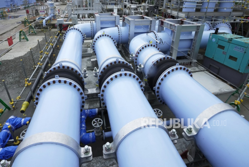 Pipes at the facility for releasing the radioactive water treated by the Advanced Liquid Processing System (ALPS) into the sea at Tokyo Electric Power Company