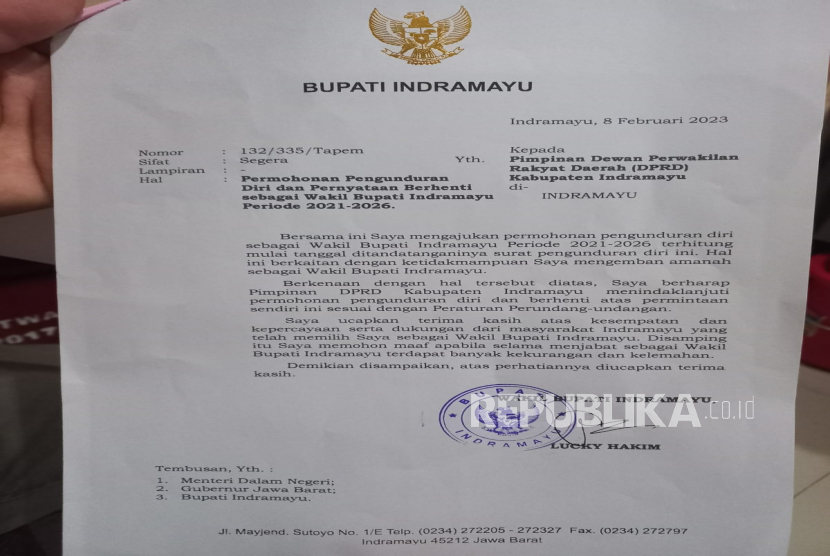 Beredar surat pengunduran diri Lucky Hakim dari jabatannya sebagai Wakil Bupati Indramayu. 