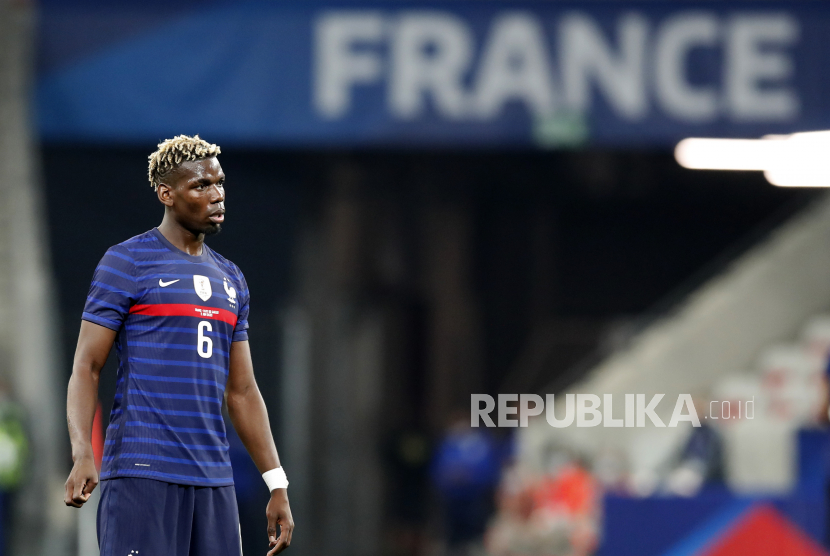 Paul Pogba dari Prancis bereaksi selama pertandingan sepak bola Persahabatan Internasional antara Prancis dan Wales di Nice, Prancis, 02 Juni 2021.