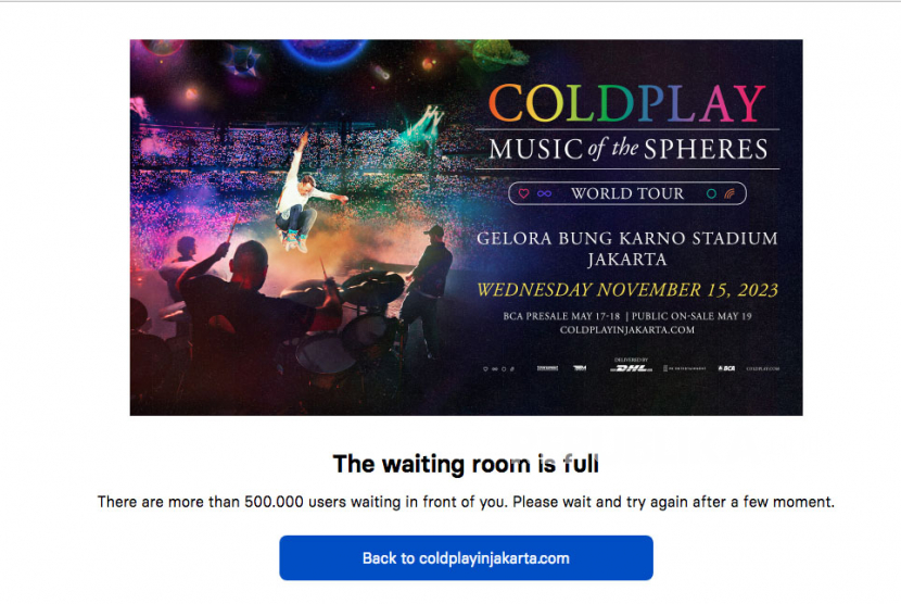 Tampilan situs pembelian tiket konser Coldplay di Jakarta, Rabu (17/5/2023). Tiket konser Coldplay sudah habis terjual pada Jumat (19/5/2023).