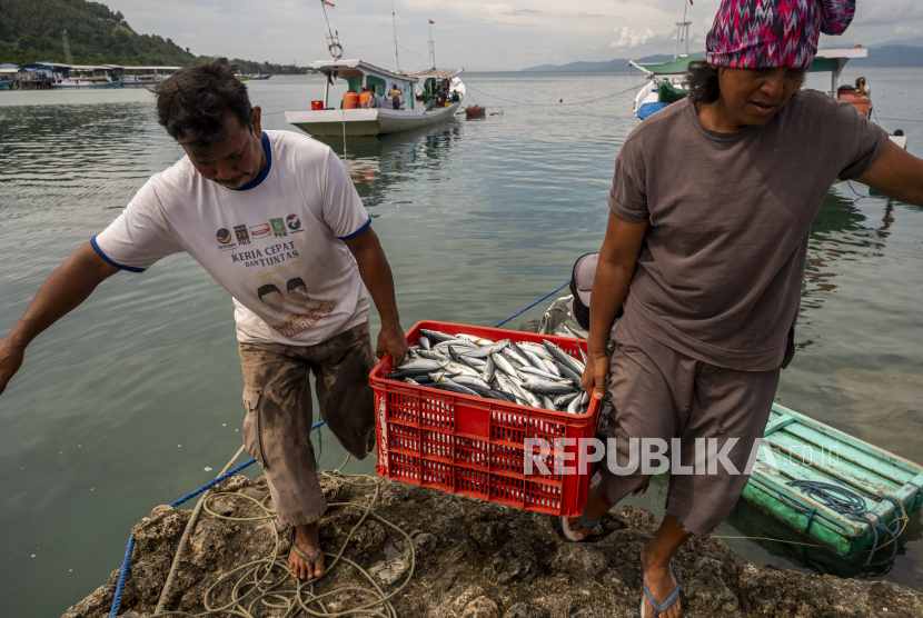 Nelayan memindahkan hasil tangkapanya dari perahu ke dermaga di Pelabuhan Donggala, Donggala,  Sulawesi Tengah, Ahad (16/10/2022) (ilustrasi). Menteri Kelautan dan Perikanan Sakti Wahyu Trengono mengatakan, kebijakan penangkapan ikan terukur (PIT) berbasis kuota sudah resmi diundangkan pada Senin (6/3/2023).
