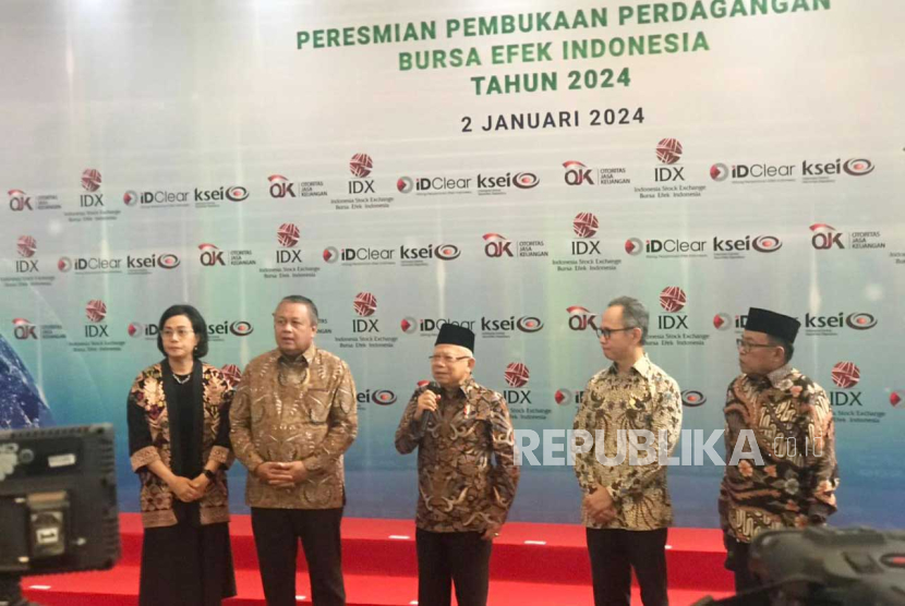 Wakil Presiden KH Maruf Amin saat peresmian pembukaan perdagangan 2024, Selasa (2/1/2024).