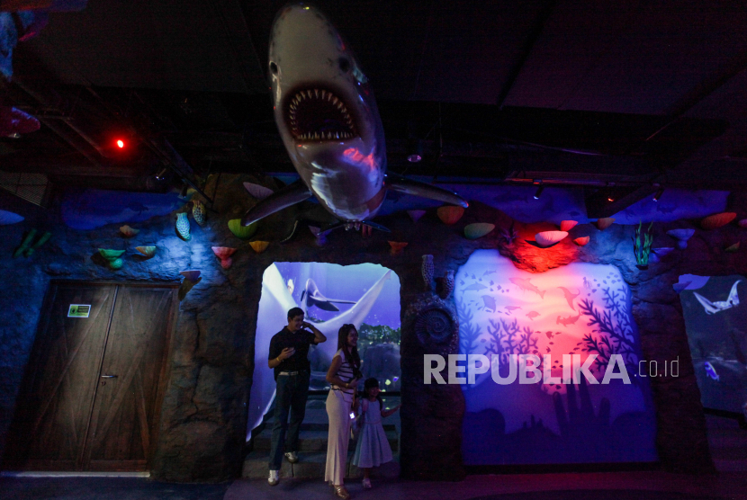 Pengunjung saat berwisata di BXSea, Bintaro, Tangerang Selatan, Jumat (15/12/2023). BXSea yang berada di Bintaro Exchange Mall 2 tersebut merupakan destinasi wisata edukasi untuk mengenal biota air beserta kehidupan di bawah laut. Wisata akuarium seluas 7.345 meter tersebut menghadirkan 140 spesies biota air dengan 54 display aquarium.