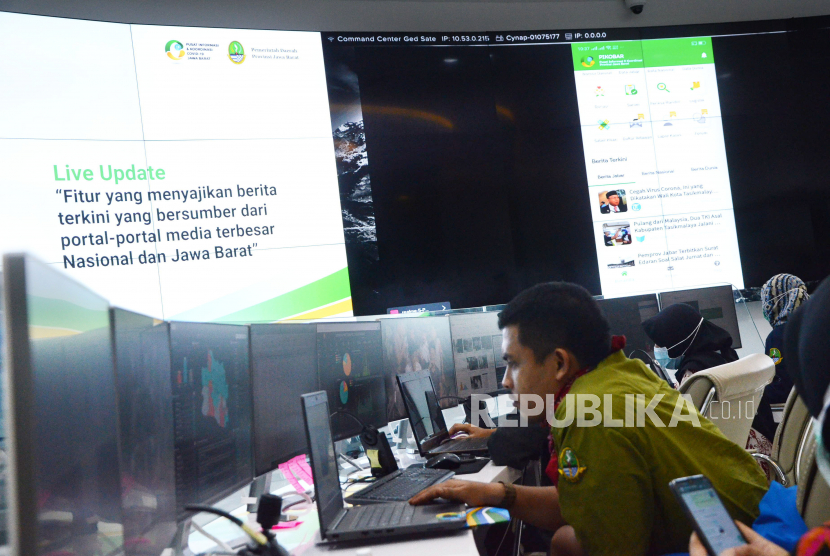 Aktivitas peugas di Pusat Informasi dan Koordinasi Covid-19 (Pikobar), di Jabar Command Center, kompleks Gedung Sate, Kota Bandung, Jumat (20/3). 