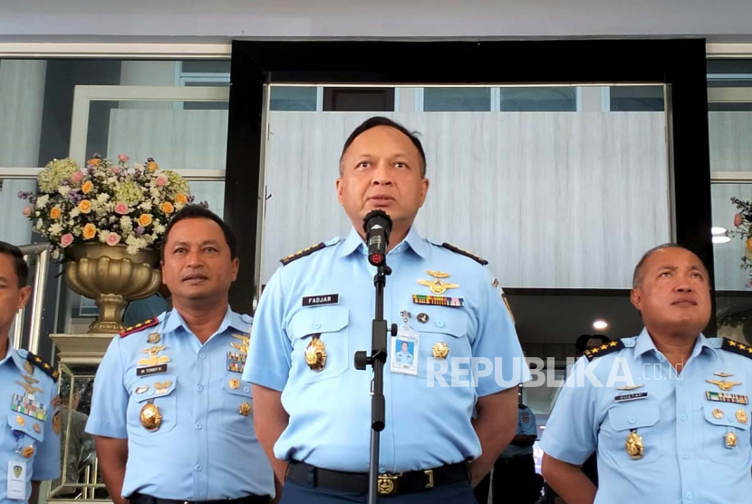 Kepala Staf Angkatan Udara (KSAU) Marsekal Fadjar Prasetyo saat memberikan keterangan pers mengenai Kasau Awards 2023 di Gedung Ardhya Loka, Halim Perdanakusuma, Jakarta Timur, Rabu (31/5/2023).