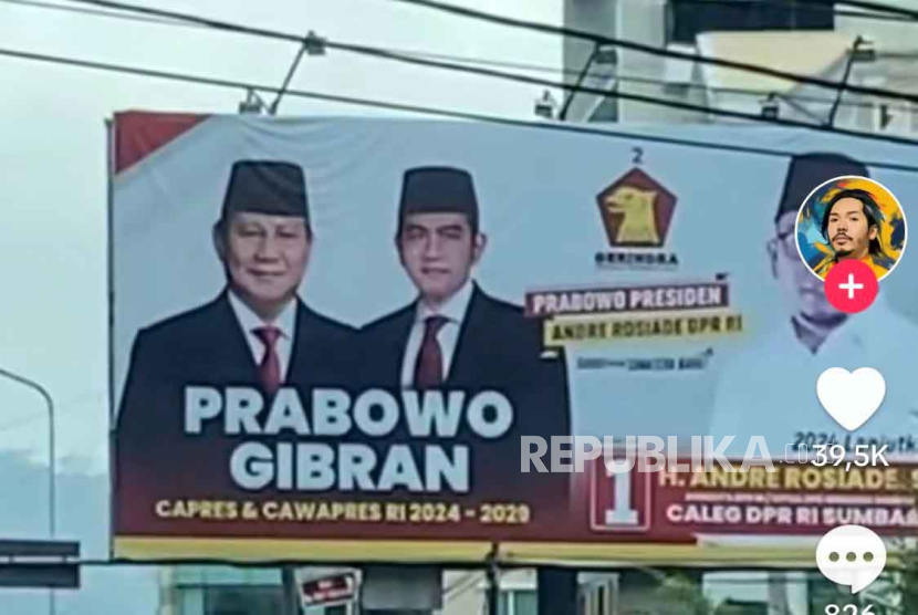 Baliho Prabowo-Gibran. Populis Center menjelaskan enam alasan elektabilitas Prabowo-Gibran naik.