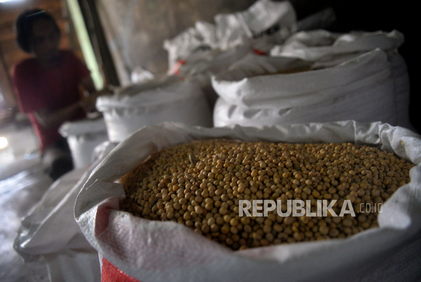 Pekerja memasukkan kacang kedelai ke dalam karung di Kawasan Duren Tiga, Jakarta, Selasa (26/7/2022). Pengimpor kedelai asal Amerika Serikat (AS) kini akan menerima sertifikat Protokol Jaminan Keberlanjutan Kedelai (Soy Sustainability Assurance Protocol/SSAP) termasuk di Indonesia.