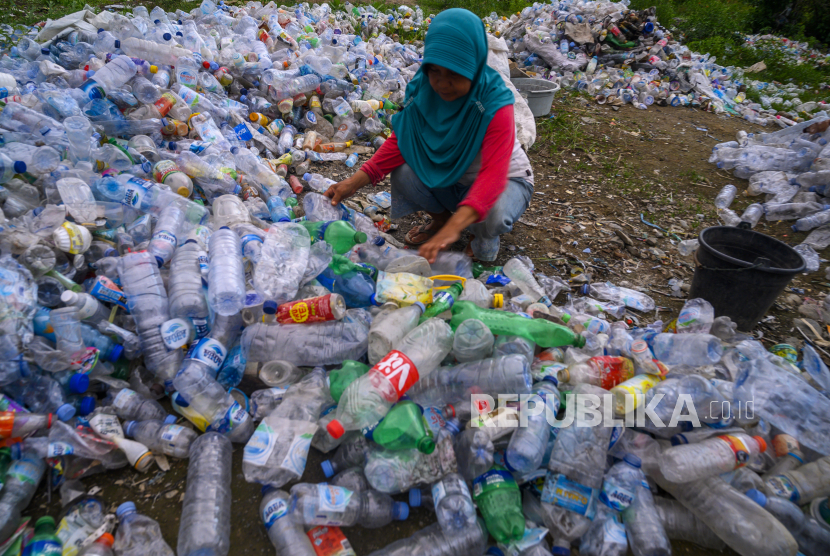 Seorang pekerja memilah limbah botol plastik. Tingginya harga jual bahan daur ulang PET, disebabkan mudahnya bahan tersebut didaur ulang dan terbatasnya pasokan bahan baku. 