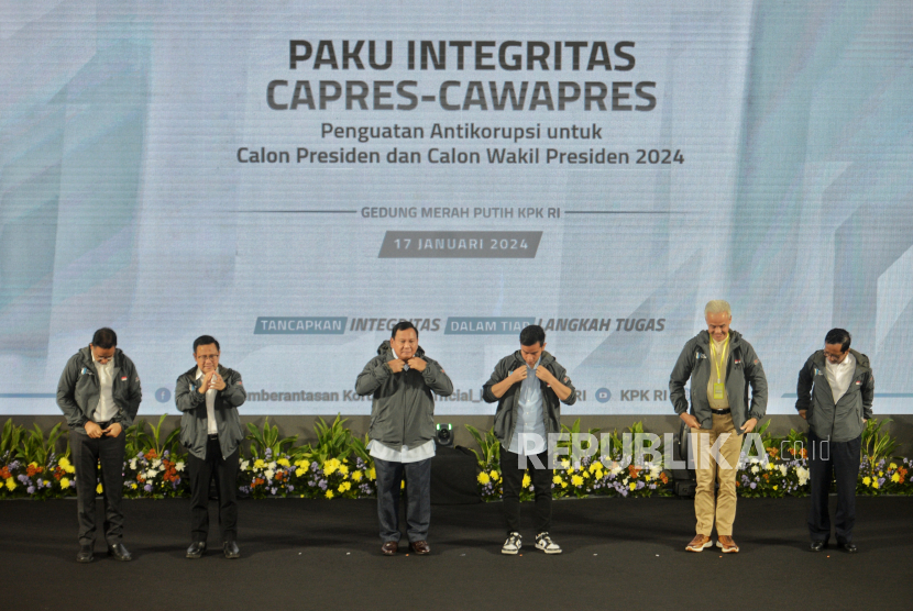 Tiga pasangan Capres dan cawapres di Gedung KPK, Jakarta, Rabu (17/1/2024).