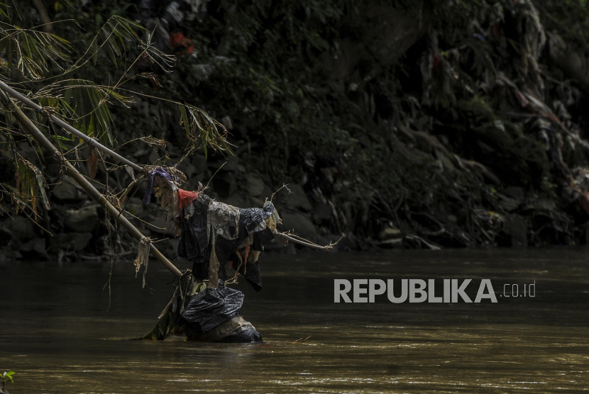 Sampah yang tersangkut pada pohon bambu di bantaran Sungai Ciliwung, Depok, Jawa Barat