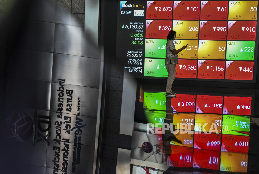 Pekerja melintas dengan latar belakang layar pergerakan harga saham di Bursa Efek Indonesia, Jakarta (ilustrasi). IHSG ditutup menguat pada akhir perdagangan hari ini, Rabu (4/8).