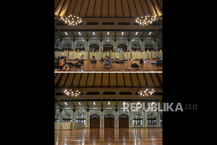 MUI Jabar Siap Sambut <em>New Normal</em> Tempat Ibadah. Foto: Foto kolase perbandingan suasana itikaf pada sepuluh malam terakhir Ramadhan 1441 H sebelum adanya pandemi Covid-19 (atas) dan saat pandemi Covid-19 (bawah) di Masjid Habiburrahman, Kota Bandung, Rabu (13/5). Untuk menghindari wabah Covid-19 DKM Habiburrahman tidak menyelenggarakan itikaf tahun ini