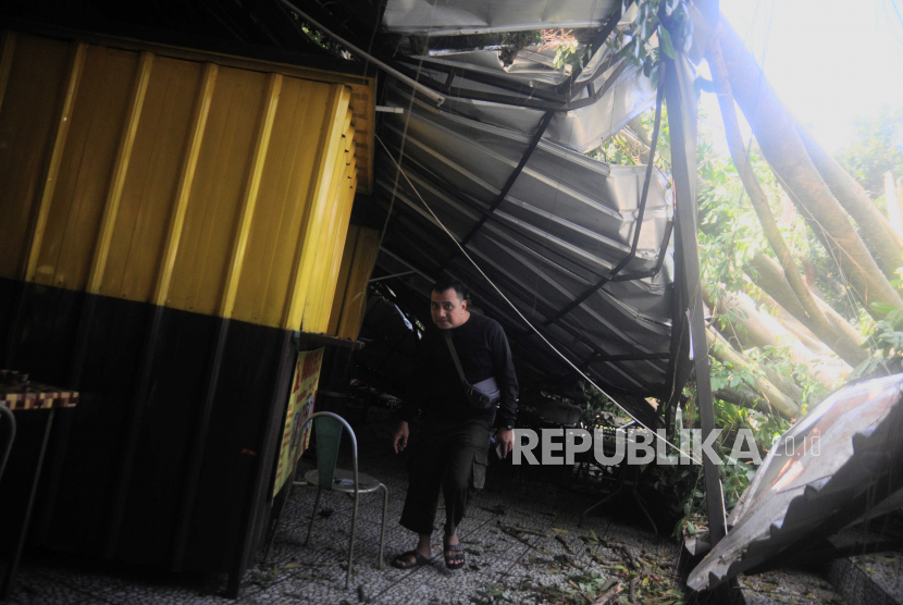 Petugas berjalan di dekat kios yang tertimpa pohon tumbang di Jalan Salak, Kota Bogor, Jawa Barat, Selasa (20/6/2023). 