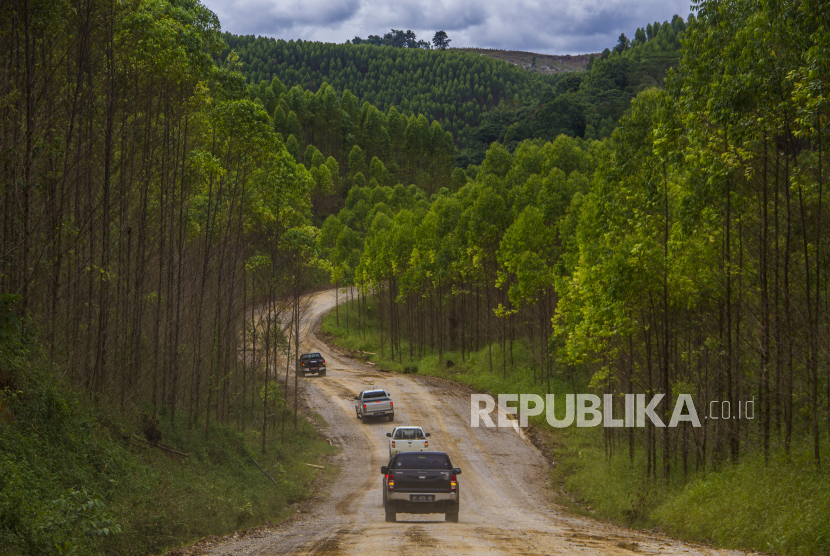 Mobil melintas di jalan kawasan calon ibu kota negara (IKN) Nusantara di kawasan Sepaku, Kabupaten Penajam Paser Utara, Kalimantan Timur, Ahad (6/2/2022).