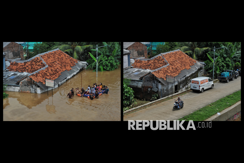 Foto kolase pemukiman yang terendam banjir pada Selasa (4/3/2025) (kiri) dan foto saat banjir surut di Rawajati, Jakarta pada Rabu (5/3/2025).