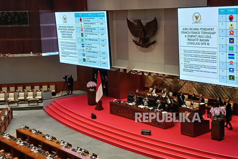 DPR menetapkan revisi Undang-Undang Kementerian Negara, UU TNI, dan UU Polri menjad RUU usul inisiatif DPR dalam rapat paripurna ke-18 Masa Persidangan V tahun Sidang 2023-2024, di Ruang Rapat Paripurna, Kompleks Parlemen, Jakarta, Selasa (28/5/2024). 