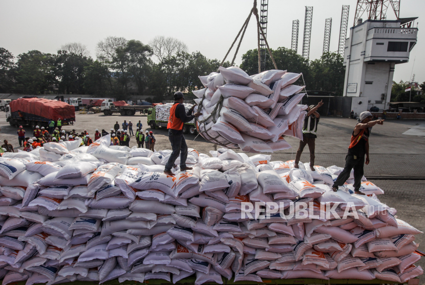 Pekerja saat bongkar muat beras impor di Pelabuhan Tanjung Priok, Jakarta, Kamis (12/10/2023).