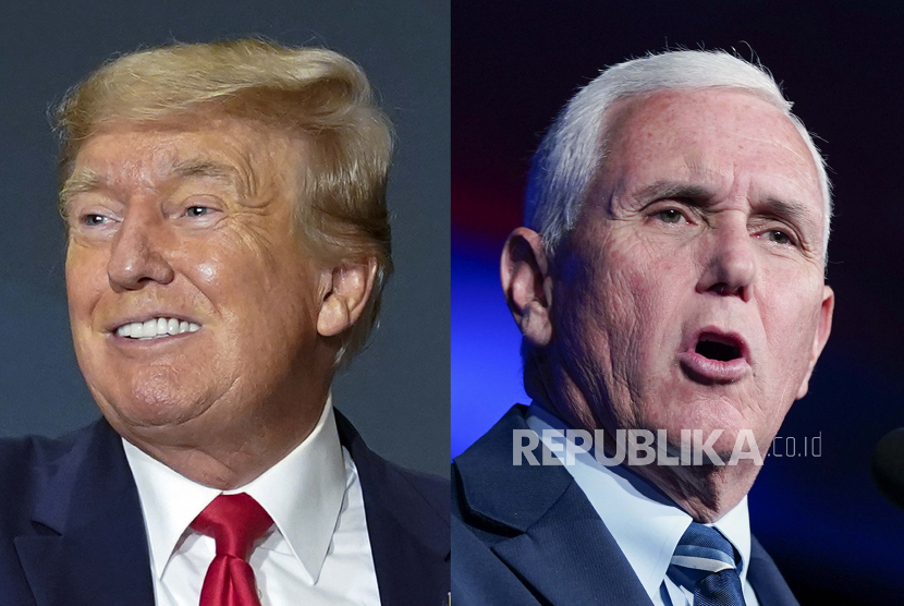 Dalam kombinasi gambar ini mantan Presiden Donald Trump dan mantan Wakil Presiden Mike Pence berbicara di berbagai acara di Washington, Selasa, 26 Juli 2022.