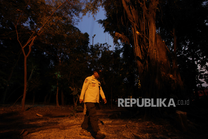 Petugas Satpol PP berpatroli di Hutan Kota Cawang, Makasar, Jakarta Timur. Satpol PP rutin patroli ke taman dan hutan kota untuk mencegah jadi 'sarang' LGBT.