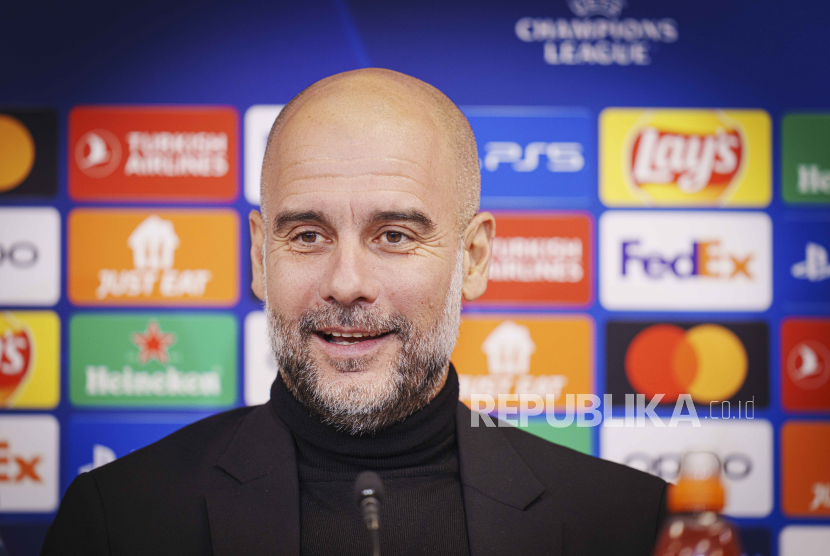  Head coach Pep Guardiola of Manchester City attends a press conference in Copenhagen, 12 February 2024. FC Copenhagen will meet Manchester City in their Champions League round of 16 soccer match on 13 February 2024.  