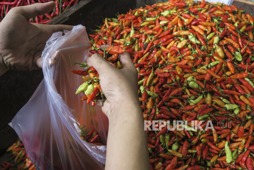 Pedagang melayani pembeli cabai rawit merah di pasar. 