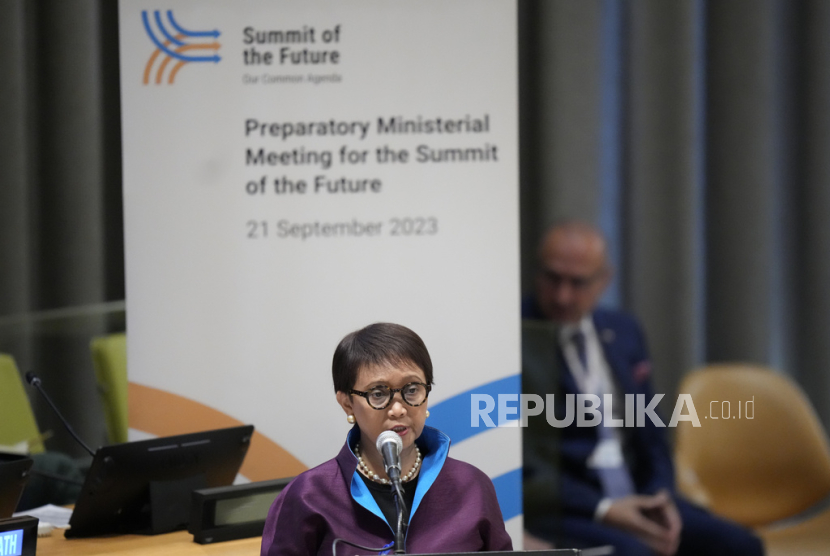 Menteri Luar Negeri RI Retno Lestari Priansari Marsudi berbicara pada Summit of the Future, Kamis, 21 September 2023 di markas besar PBB.