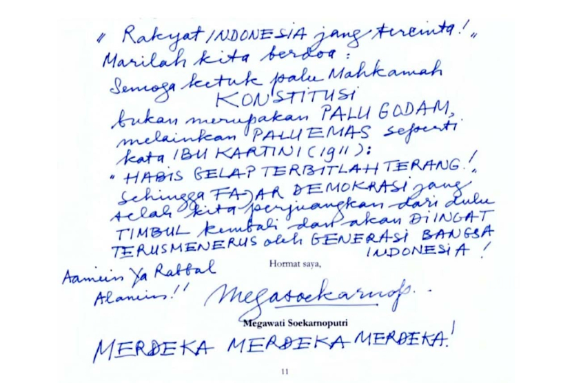 Tulisan tangan Ketua Umum PDIP, Megawati Soekarnoputri yang mengajukan diri sebagai amicus curiae atau sahabat pengadilan ke Mahkamah Konstitusi (MK). 