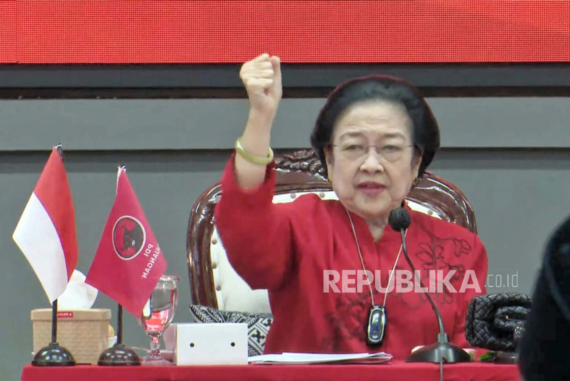 Tangkapan layar Ketua Umum Partai Demokrasi Indonesia Perjuangan (PDIP), Megawati Soekarnoputri dalam pidato penutupan Rakernas III PDIP di Sekolah Partai, Jakarta, Kamis (8/6/2023). 