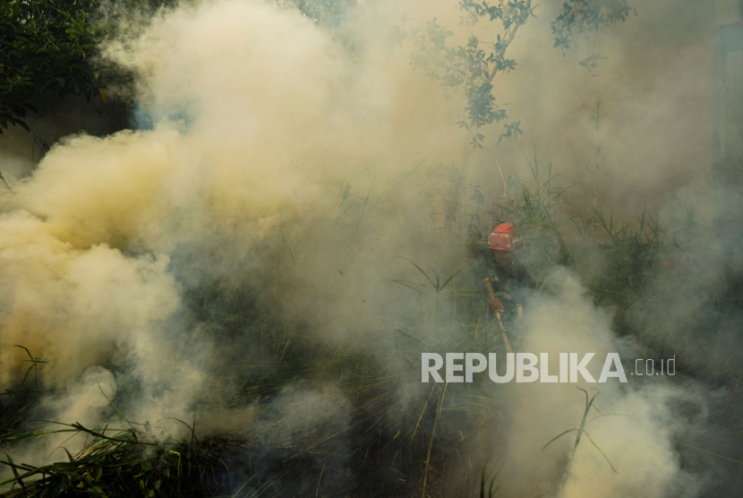 Relawan berupaya memadamkan kebakaran lahan di Gambut, Kabupaten Banjar, Kalimantan Selatan, Jumat (6/10/2023). Kebakaran hutan dan lahan (Karhutla) yang semakin meluas di Kalimantan Selatan kini mulai mengancam permukiman warga. 
