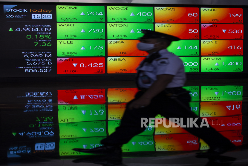 Petugas keamanan berjalan di depan layar yang menampilkan informasi pergerakan harga saham di gedung Bursa Efek Indonesia (BEI), Jakarta, ilustrasi. ANTARA FOTO/Dhemas Reviyanto/pras.