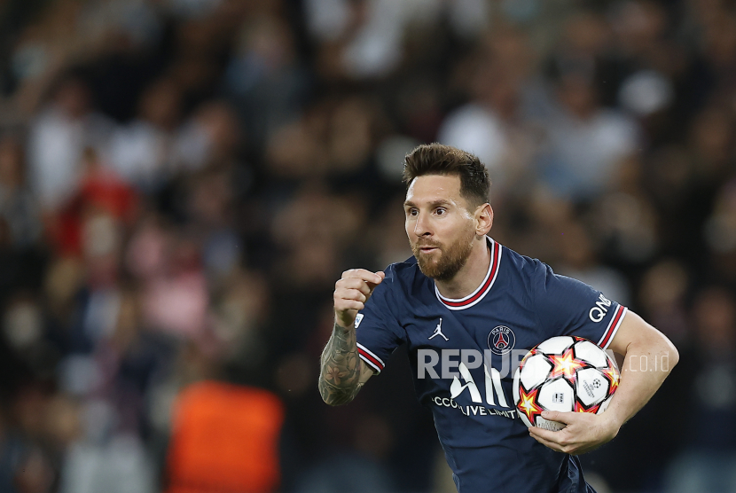  Selebrasi Pemain Paris Saint Germain Lionel Messi usai mencetak gol dalam laga lanjutan Grup A Liga Champions melawan Leipzig di Parc des Princes, Paris, Rabu (20/10) dini hari WIB.